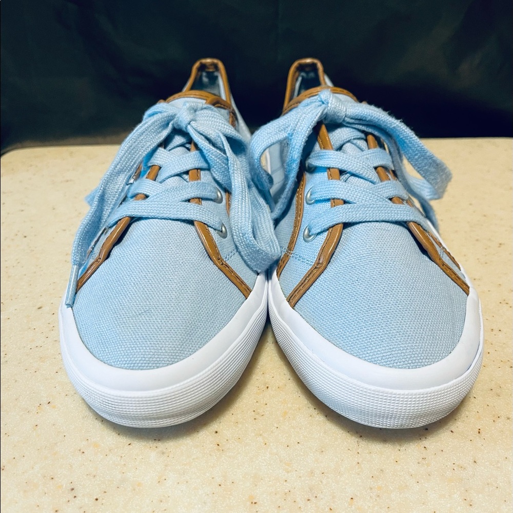 Isaac Mizrahi Live! Light Blue Vegan Brown Leather Lace-Up Sneakers Women 9 USED